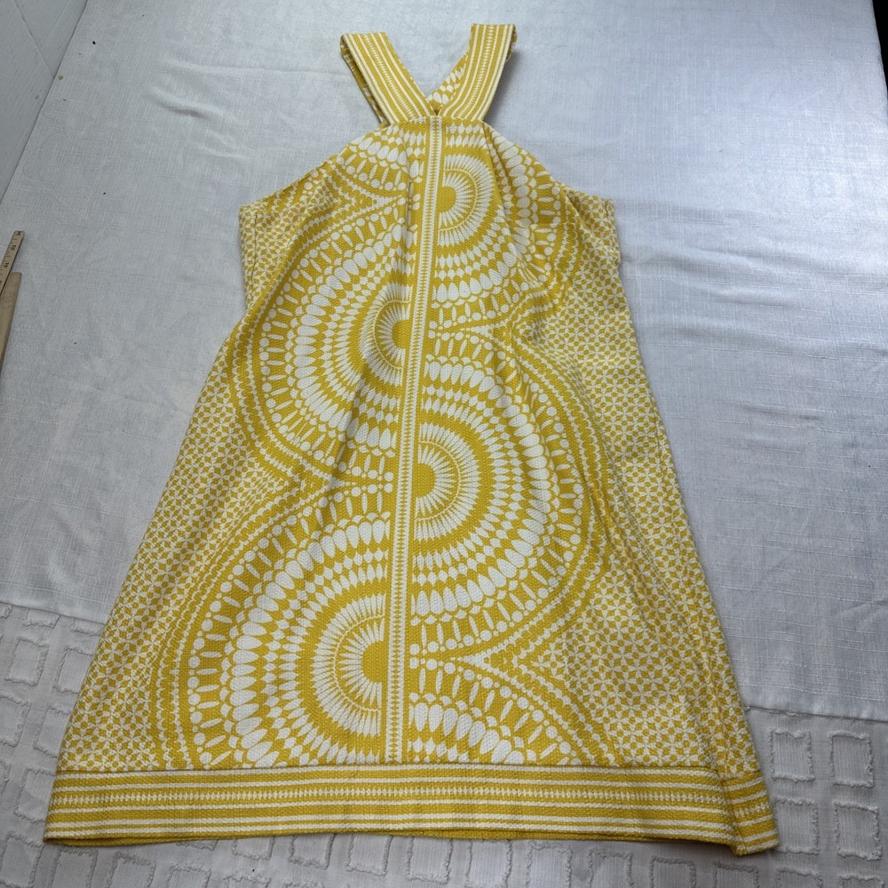 Taylor Womens Yellow White Geometric Halter Neck Shift Dress Size 14 Pique‎ Mod